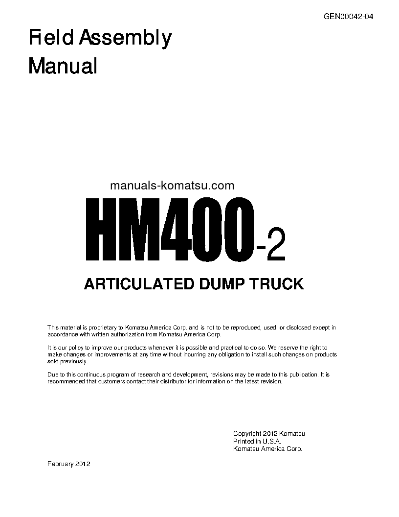 HM400-2(USA) S/N A11001-UP Field assembly manual (English)