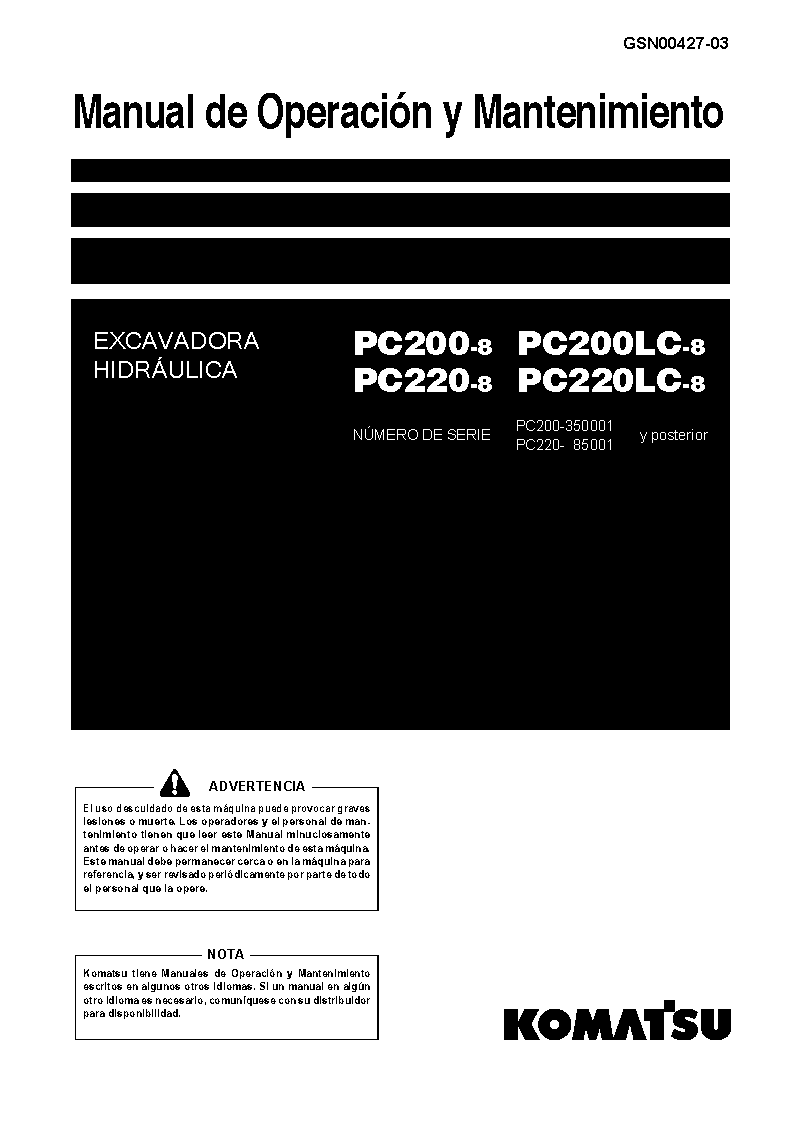 PC220LC-8(JPN)-WORK EQUIPMENT GREASE 500H S/N 85001-UP Operation manual (Spanish)