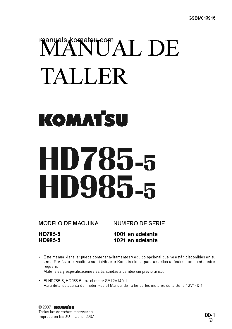 Protected: HD785-5(JPN) S/N 4001-UP Shop (repair) manual (Spanish)