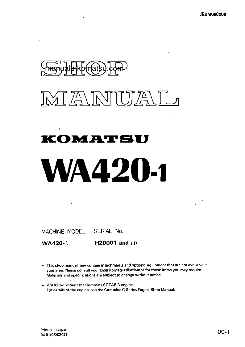 WA420-1(DEU)-H S/N H20001-UP Shop (repair) manual (English)