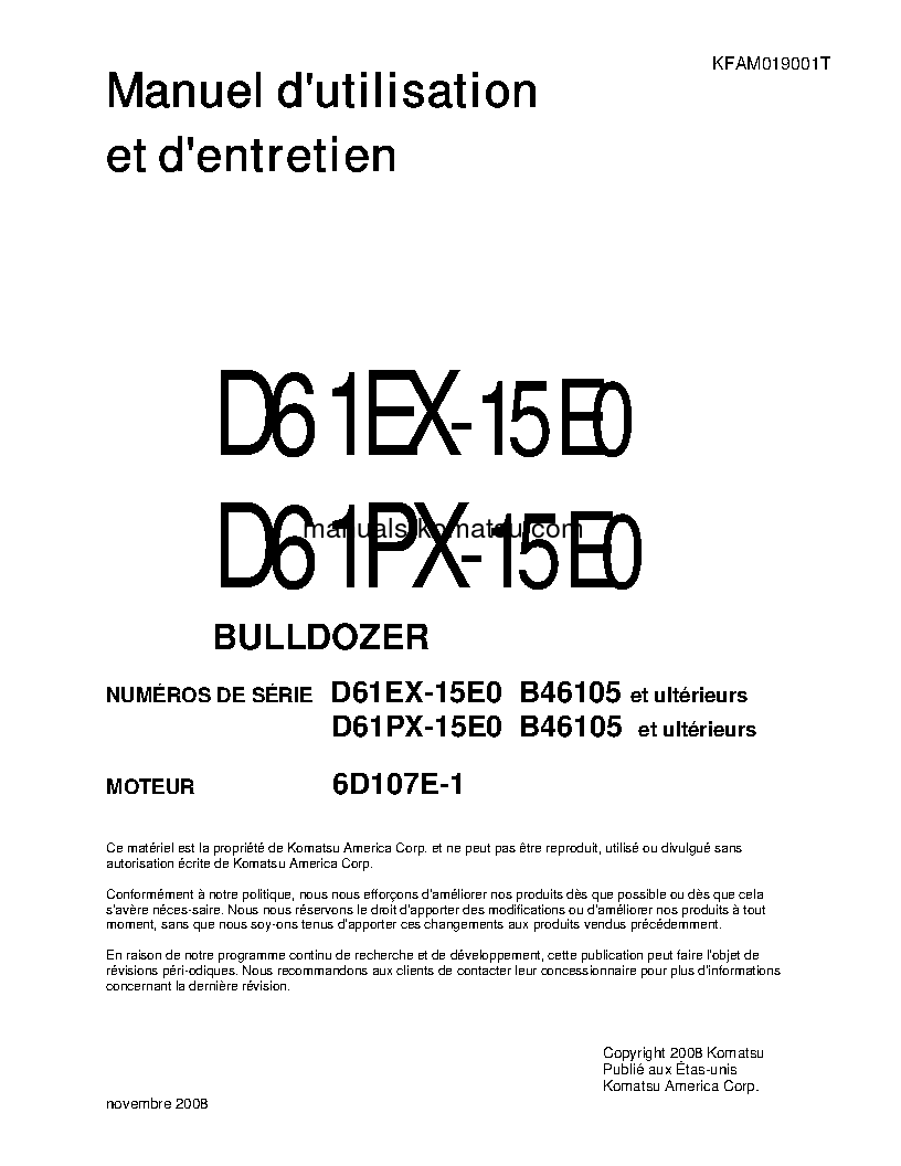 D61PX-15(BRA)-E0 S/N B46105-UP Operation manual (French)