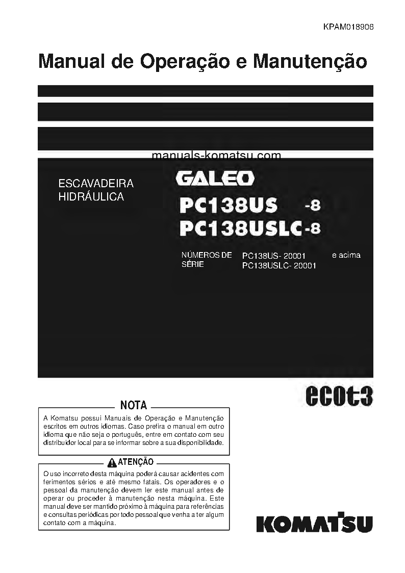 PC138USLC-8(JPN) S/N 20001-UP Operation manual (Portuguese)