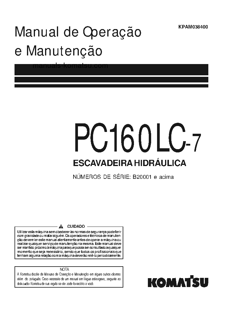 PC160LC-7(JPN) S/N 10001-UP Operation manual (Portuguese)