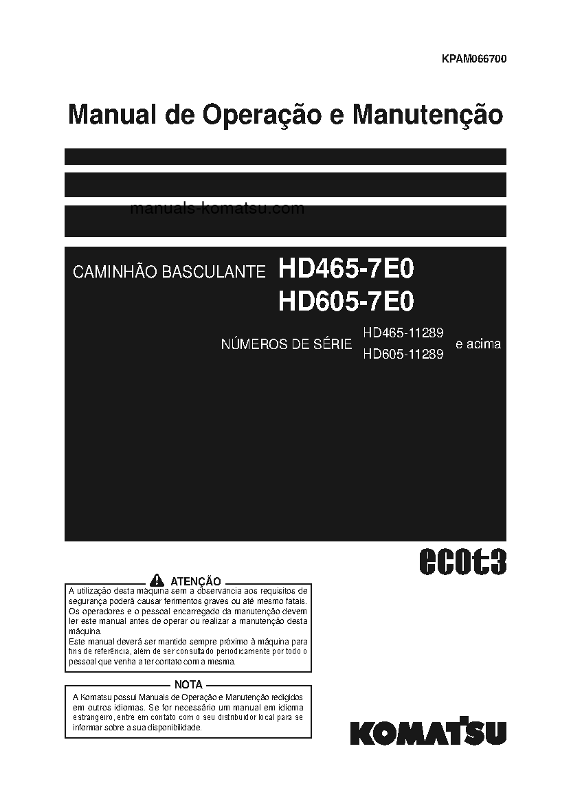 HD605-7(JPN)-E0 S/N 11289-UP Operation manual (Portuguese)