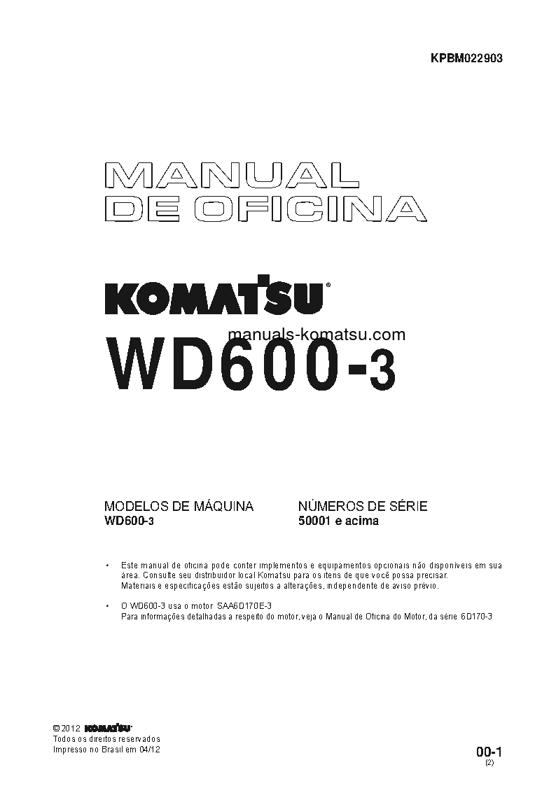 WD600-3(JPN) S/N 50001-UP Shop (repair) manual (Portuguese)