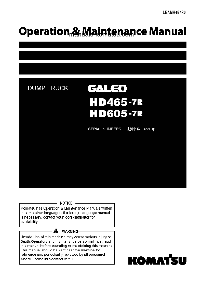 HD465-7(IDN)-R S/N J20116-UP Operation manual (English)
