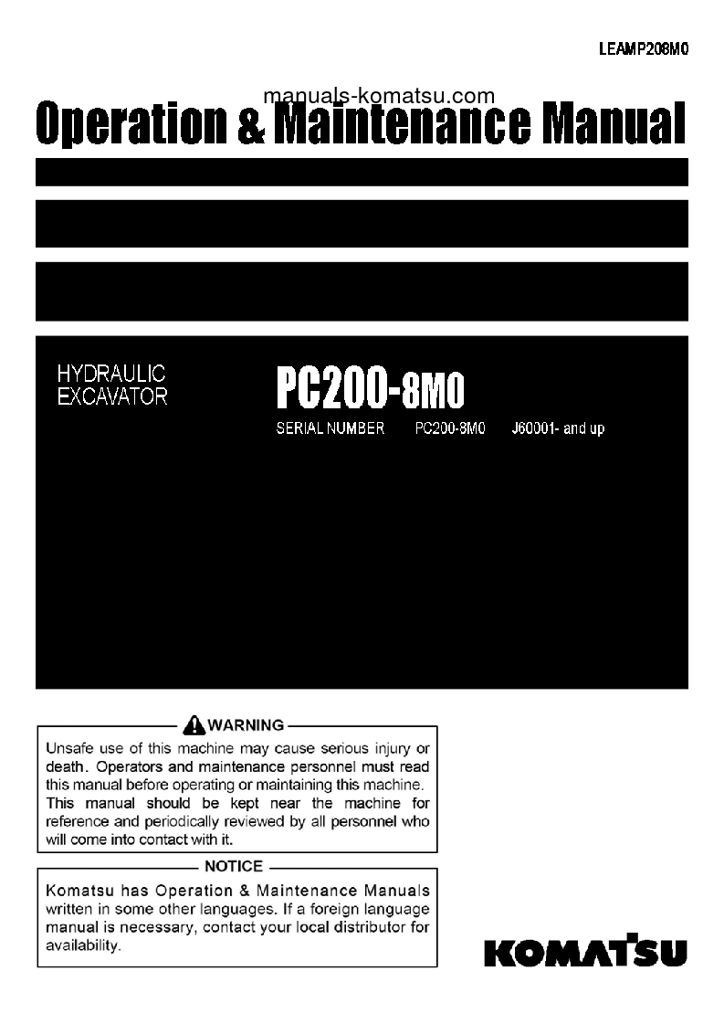 PC200-8(IDN)-M0 S/N J60001-UP Operation manual (English)