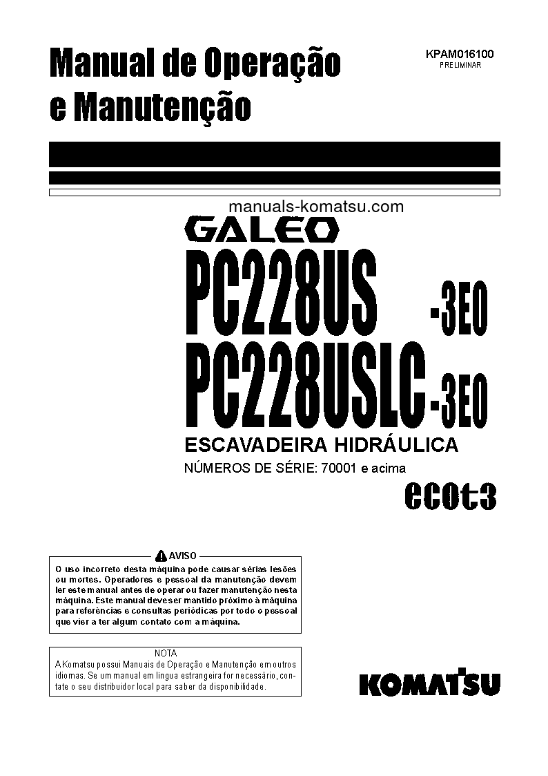 PC228USLC-3(JPN)-E0 S/N 40001-UP Operation manual (Portuguese)