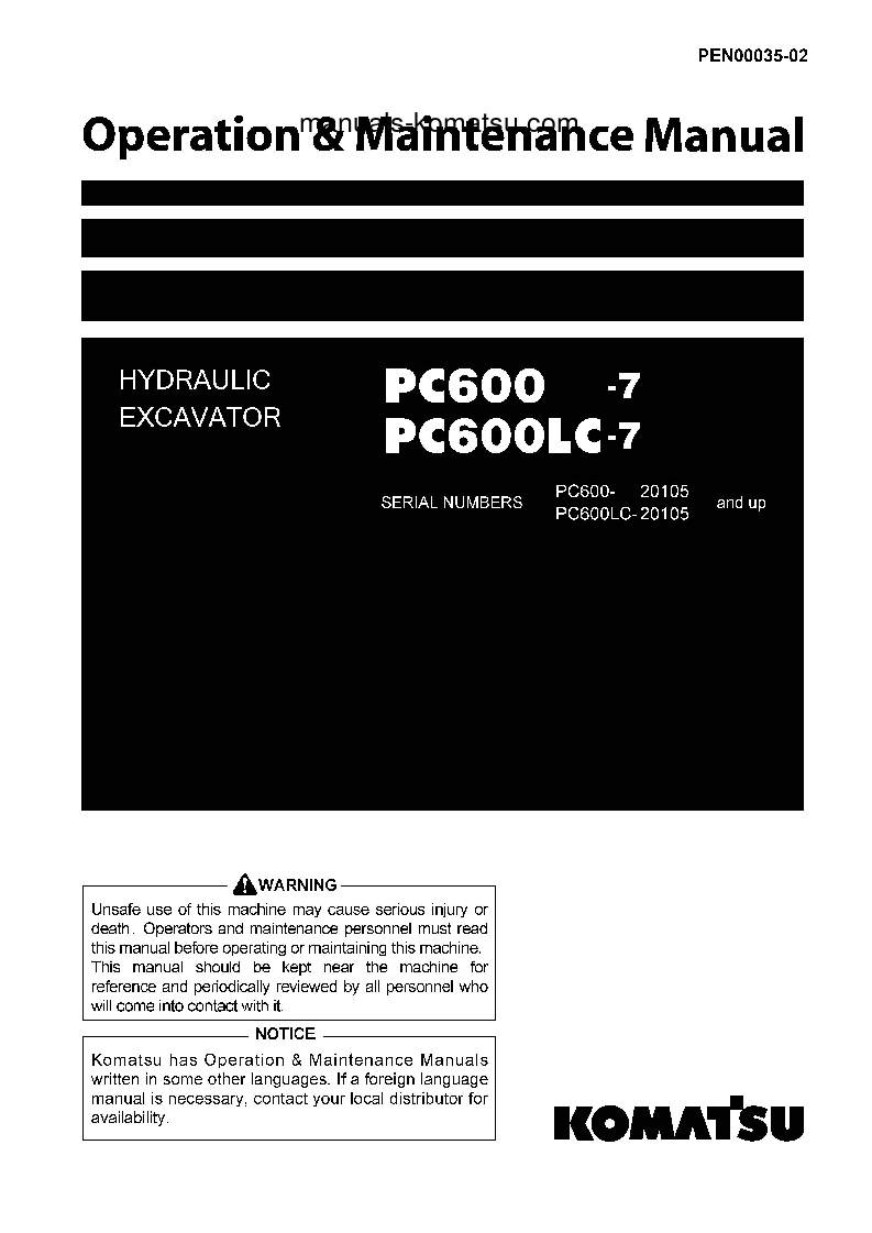 PC600LC-7(JPN) S/N 20105-UP Operation manual (English)
