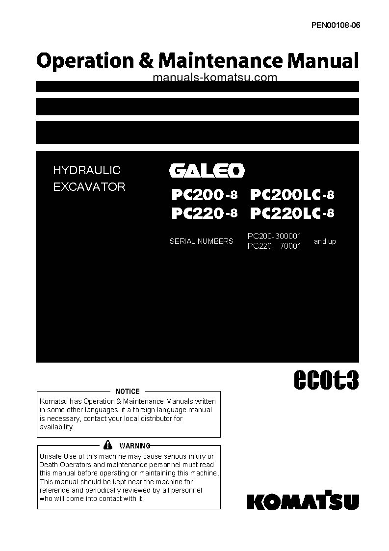 PC200LC-8(JPN)-WORK EQUIPMENT GREASE 500H S/N 300001-310000 Operation manual (English)