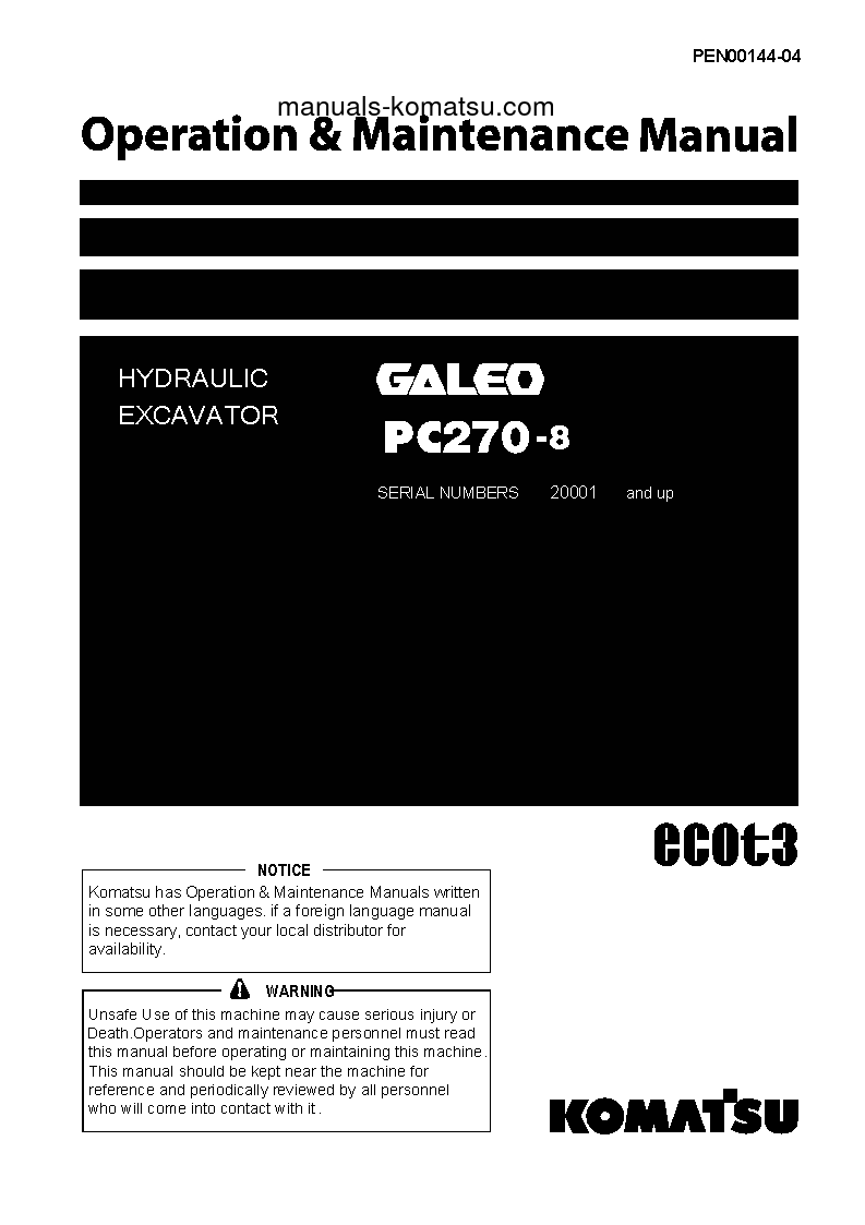 PC270-8(JPN)-WORK EQUIPMENT GREASE 100H S/N 20001-30000 Operation manual (English)