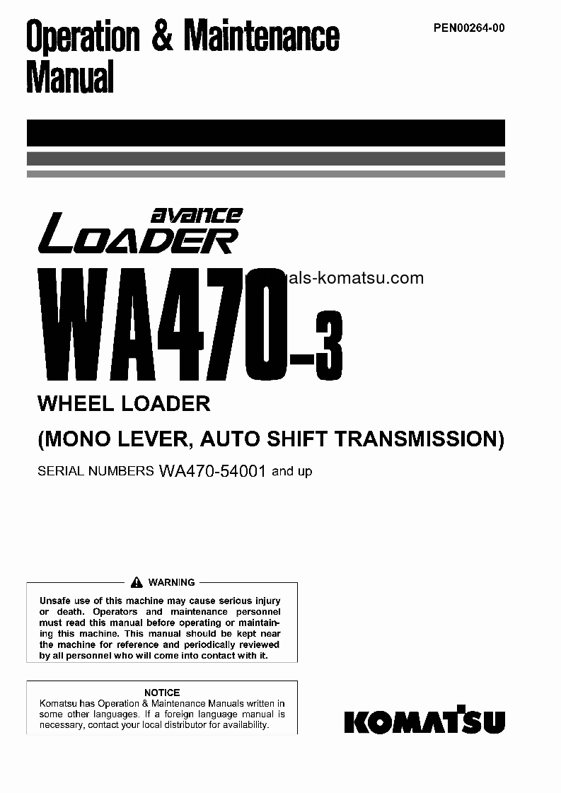 WA470-3(JPN)-MONO LEVER, AUTOSHIFT TRAMSMISSION S/N 54001-UP Operation manual (English)