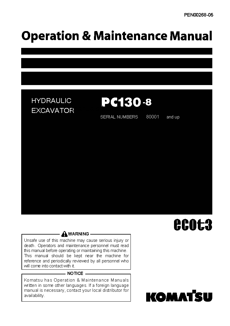 PC130-8(JPN) S/N 80001-UP Operation manual (English)