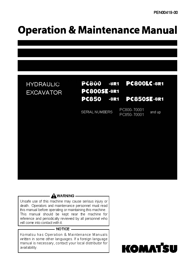 PC800-8(JPN)-R1 S/N 70001-UP Operation manual (English)