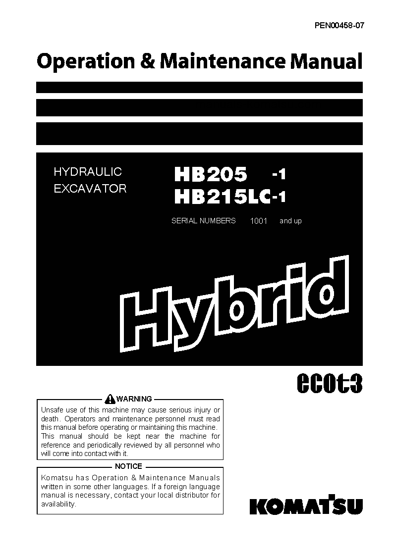 HB215LC-1(JPN)-HYBRID GREASING INTERVAL 100 HOUR S/N 1001-2634 Operation manual (English)