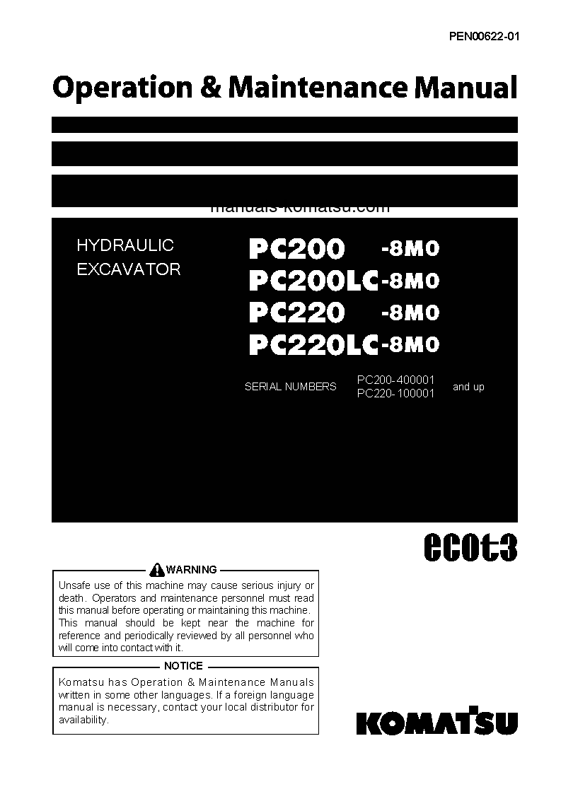 PC220LC-8(JPN)-M0, WORK EQUIPMENT GREASE 100H S/N 100001-100058 Operation manual (English)