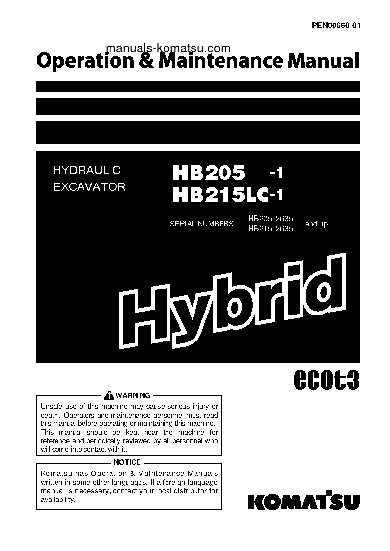 HB205-1(JPN)-HYBRID GREASING INTERVAL 500 HOUR S/N 2635-UP Operation manual (English)