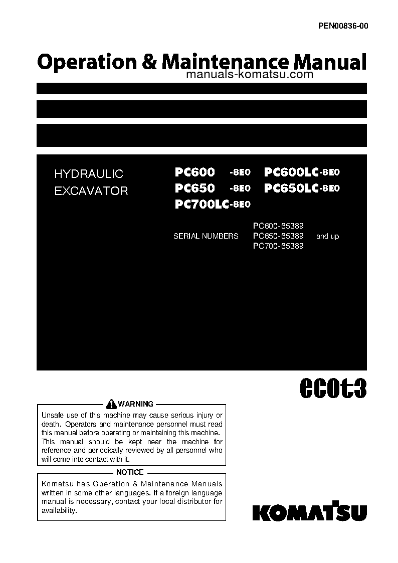 PC600LC-8(JPN)-E0, ALL SAFETY LABELS ARE PICTORIAL S/N 65389-UP Operation manual (English)