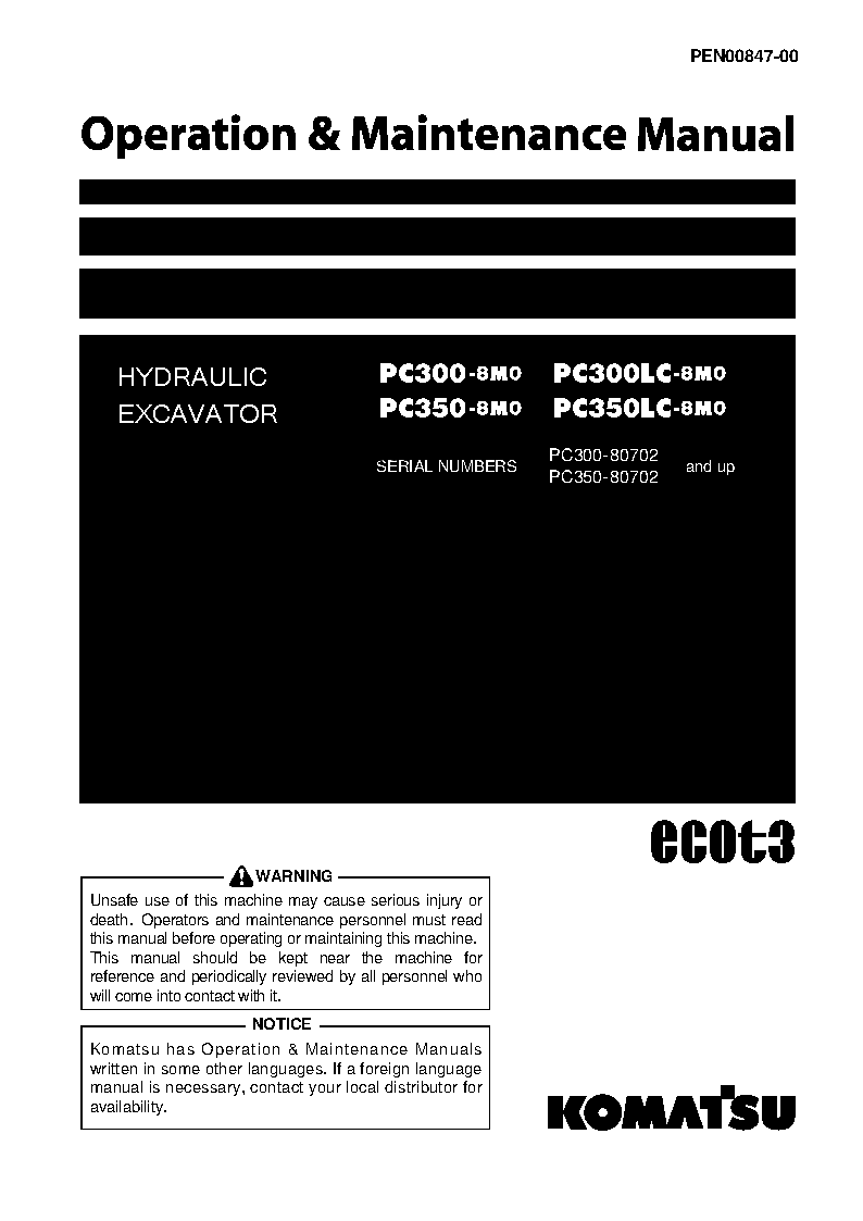 PC300LC-8(JPN)-M0, GREASING 500H, ALL SAFETY LABELS ARE PICTORIAL S/N 80702-UP Operation manual (English)