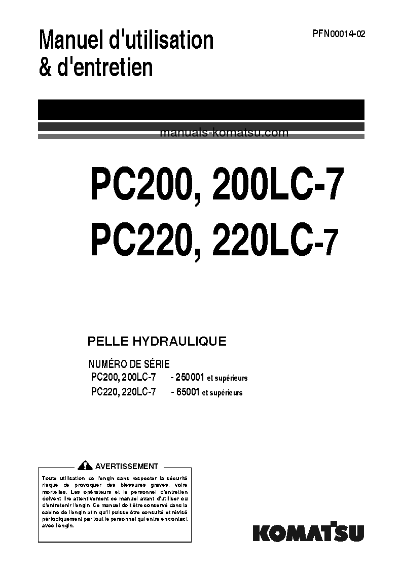 PC220-7(JPN) S/N 65001-UP Operation manual (French)