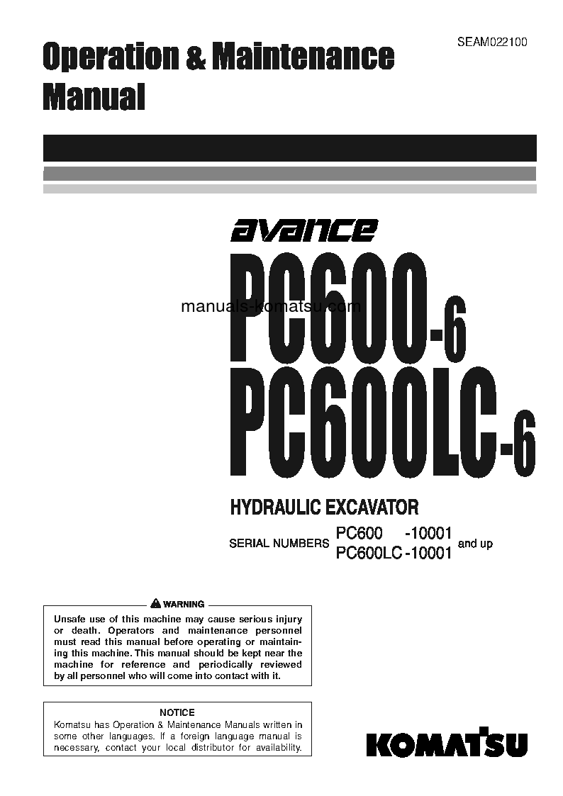 PC600LC-6(JPN) S/N 10001-11000 Operation manual (English)