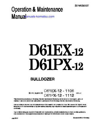 D61PX-12(JPN) S/N 1112-1500 Operation manual (English)