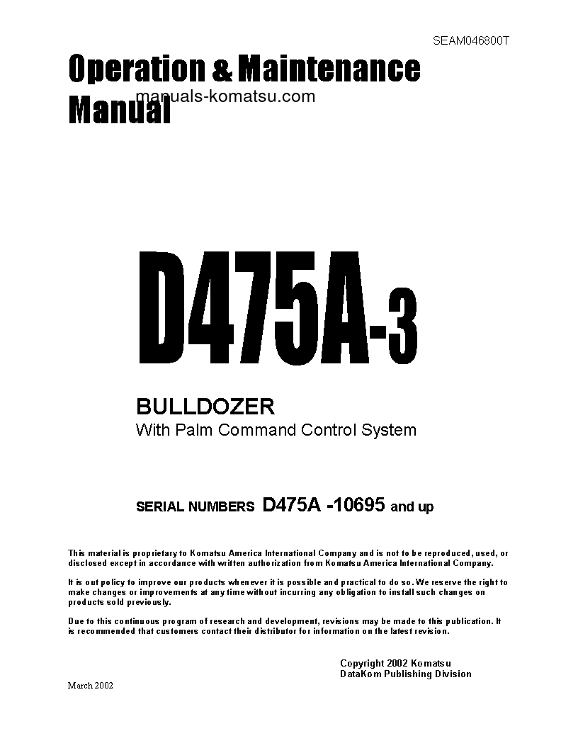 D475A-3(JPN)-PALM CONTROL SYSTEM S/N 10695-UP Operation manual (English)
