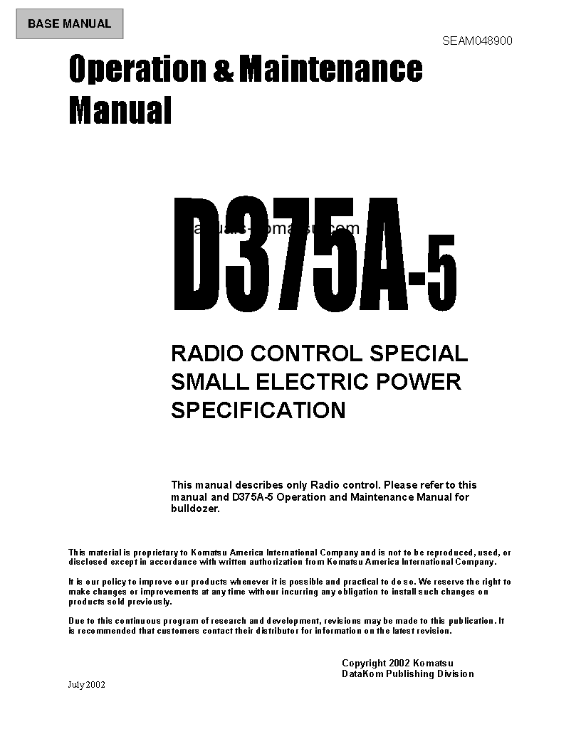 D375A-5(JPN)-RADIO CONTROL S/N 18020, 18040 Operation manual (English)