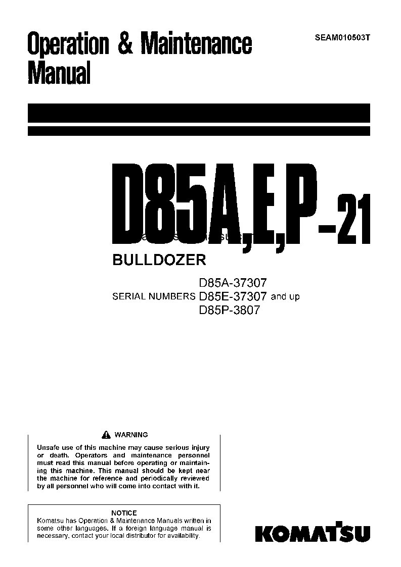 D85A-21(JPN) S/N 37307-UP Operation manual (English)