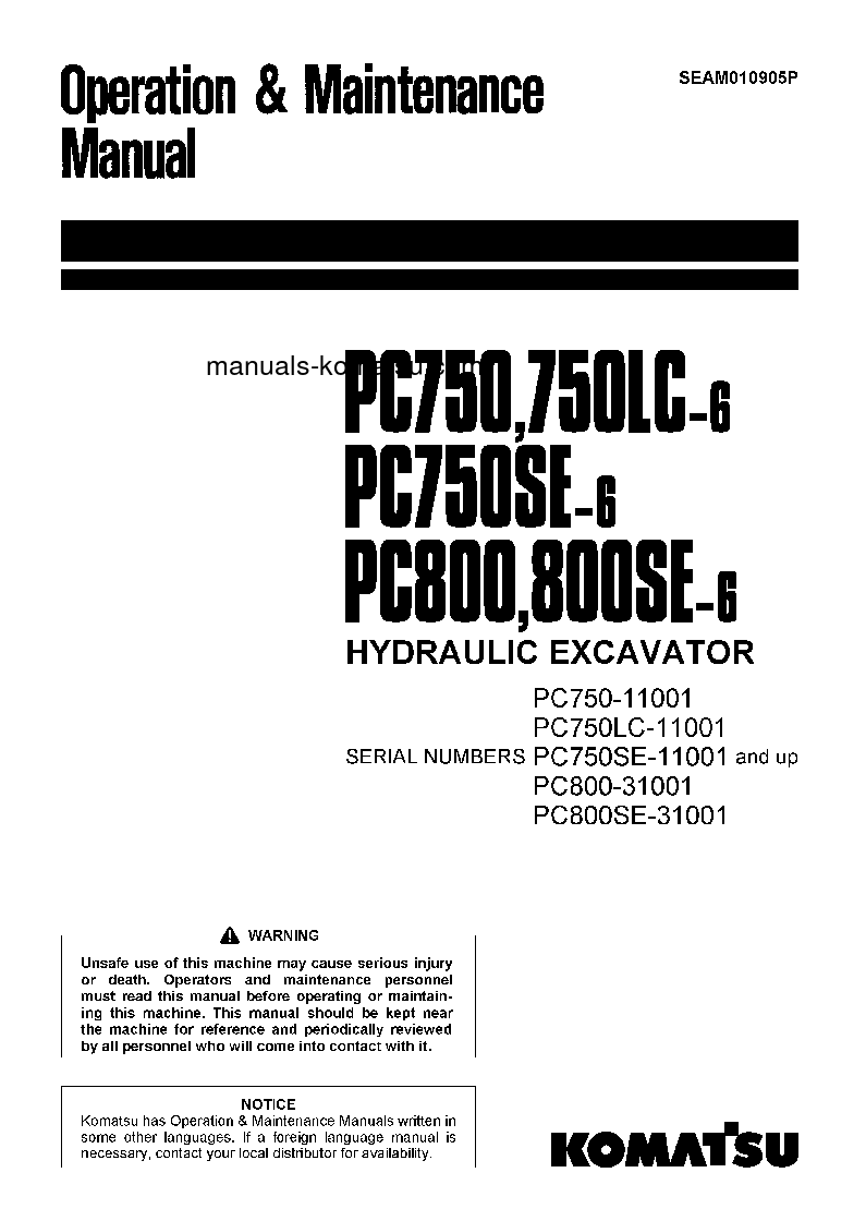 PC750SE-6(JPN)-MINOR CHANGE S/N 11001-UP Operation manual (English)
