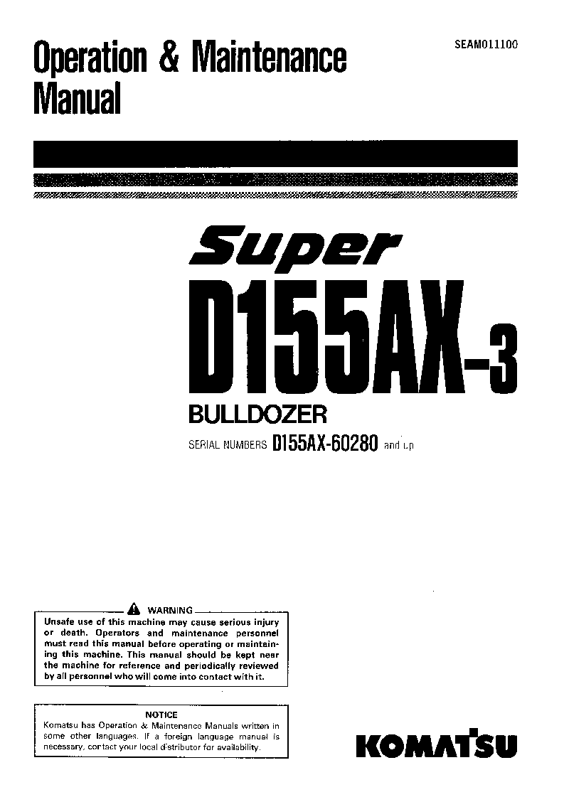 D155AX-3(JPN) S/N 60280-UP Operation manual (English)
