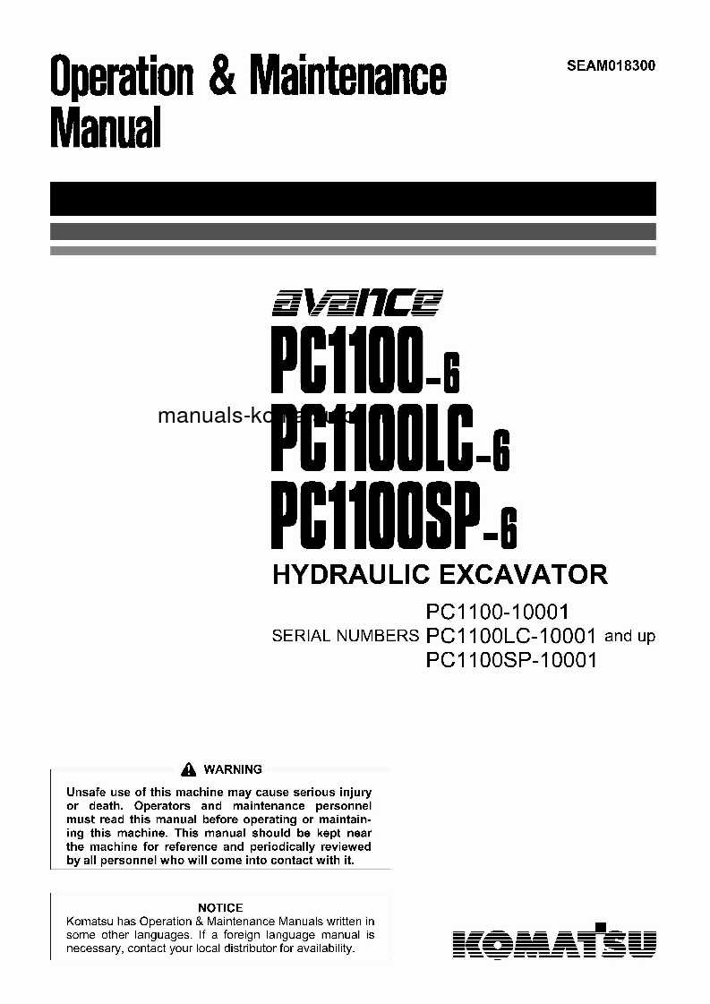 PC1100LC-6(JPN) S/N 10001-10114 Operation manual (English)