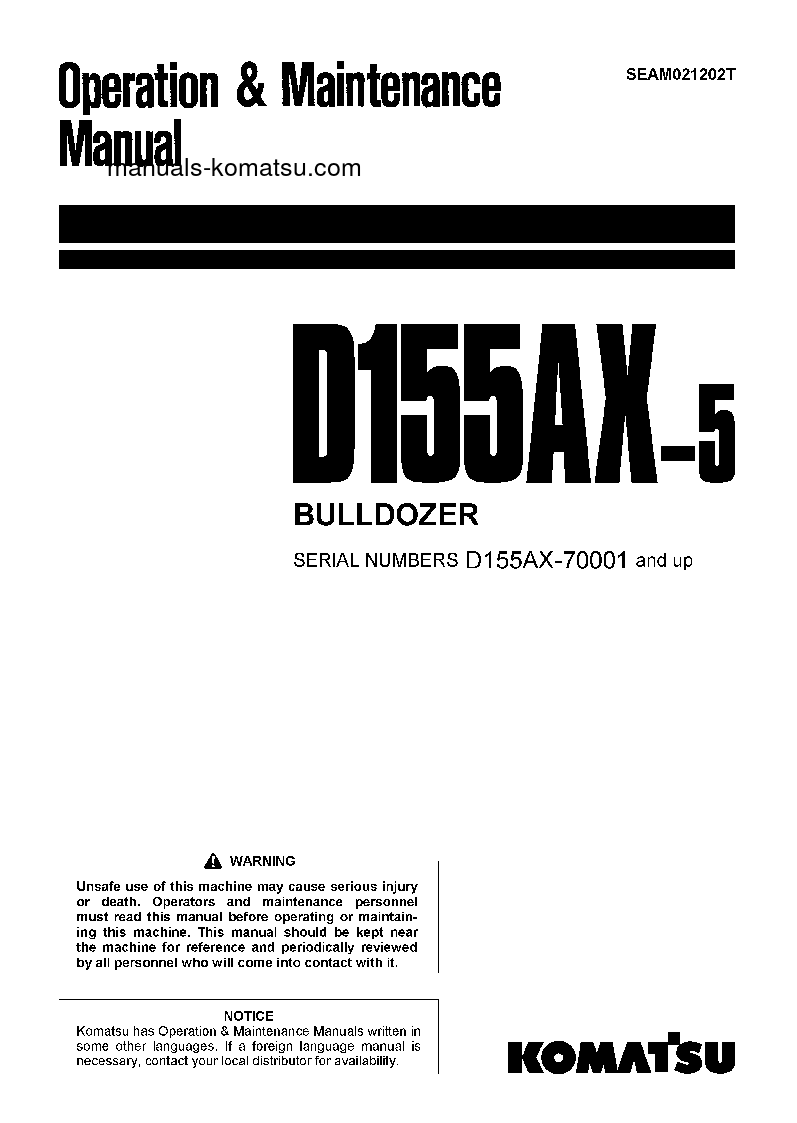 D155AX-5(JPN) S/N 70001-75000 Operation manual (English)