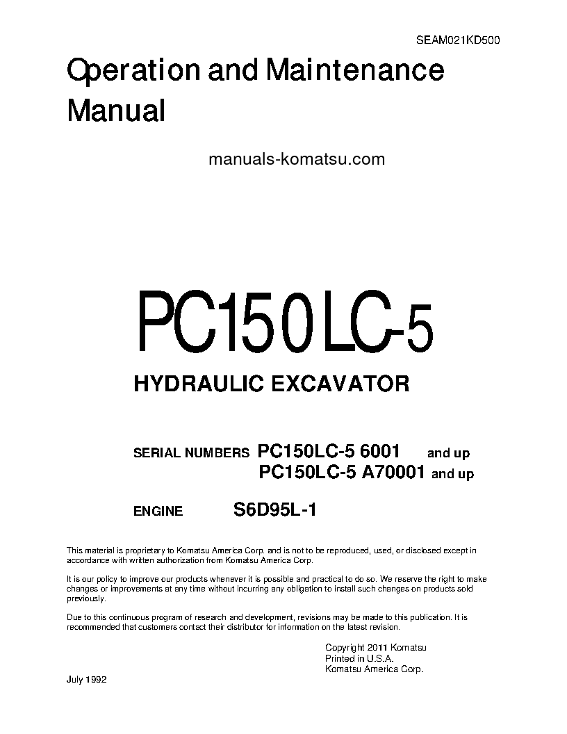 PC150LC-5(USA) S/N 6001-UP Operation manual (English)