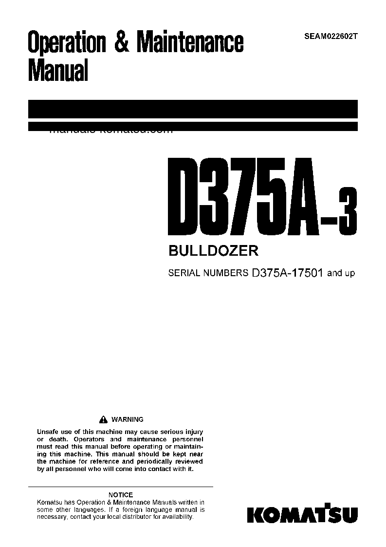 D375A-3(JPN)-7-TRACK ROLLER S/N 17501-UP Operation manual (English)
