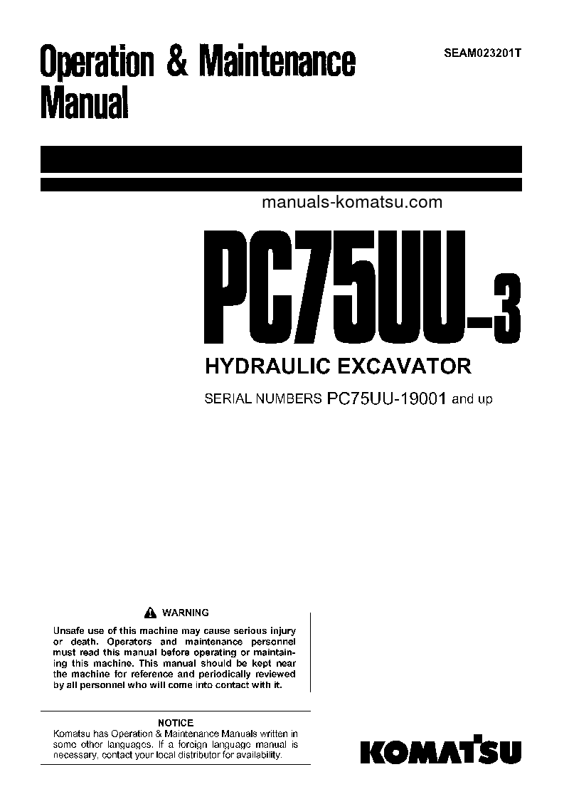 PC75UU-3(JPN) S/N 19001-UP Operation manual (English)