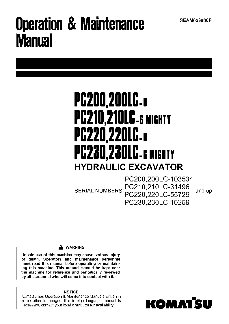 PC230-6(JPN) S/N 10259-UP Operation manual (English)