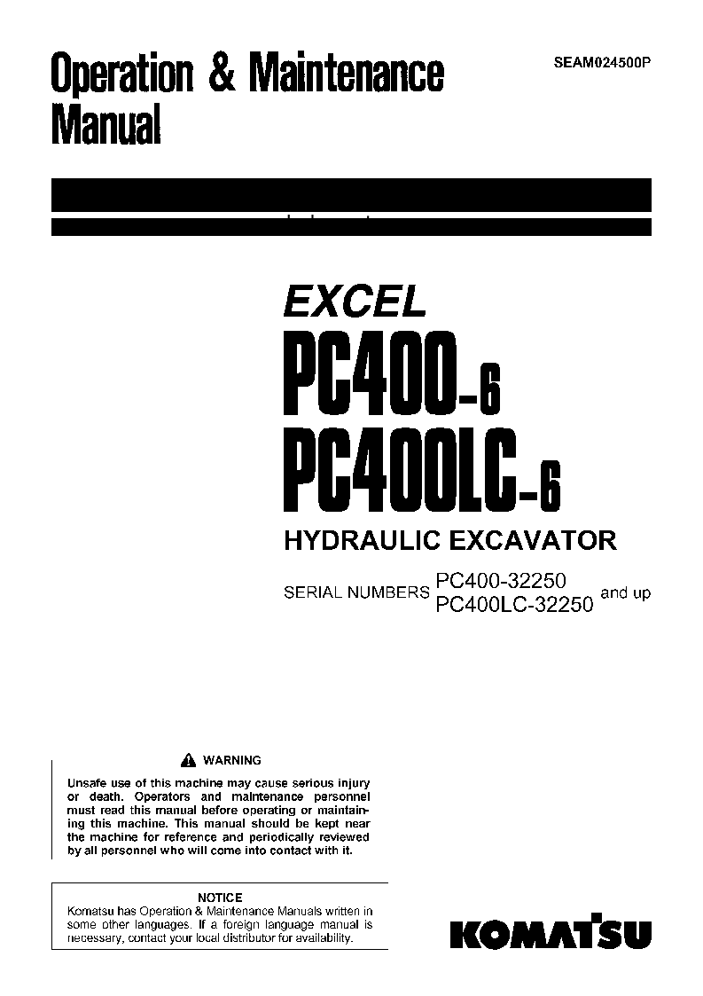 PC400LC-6(JPN)-EXCEL S/N 32250-UP Operation manual (English)