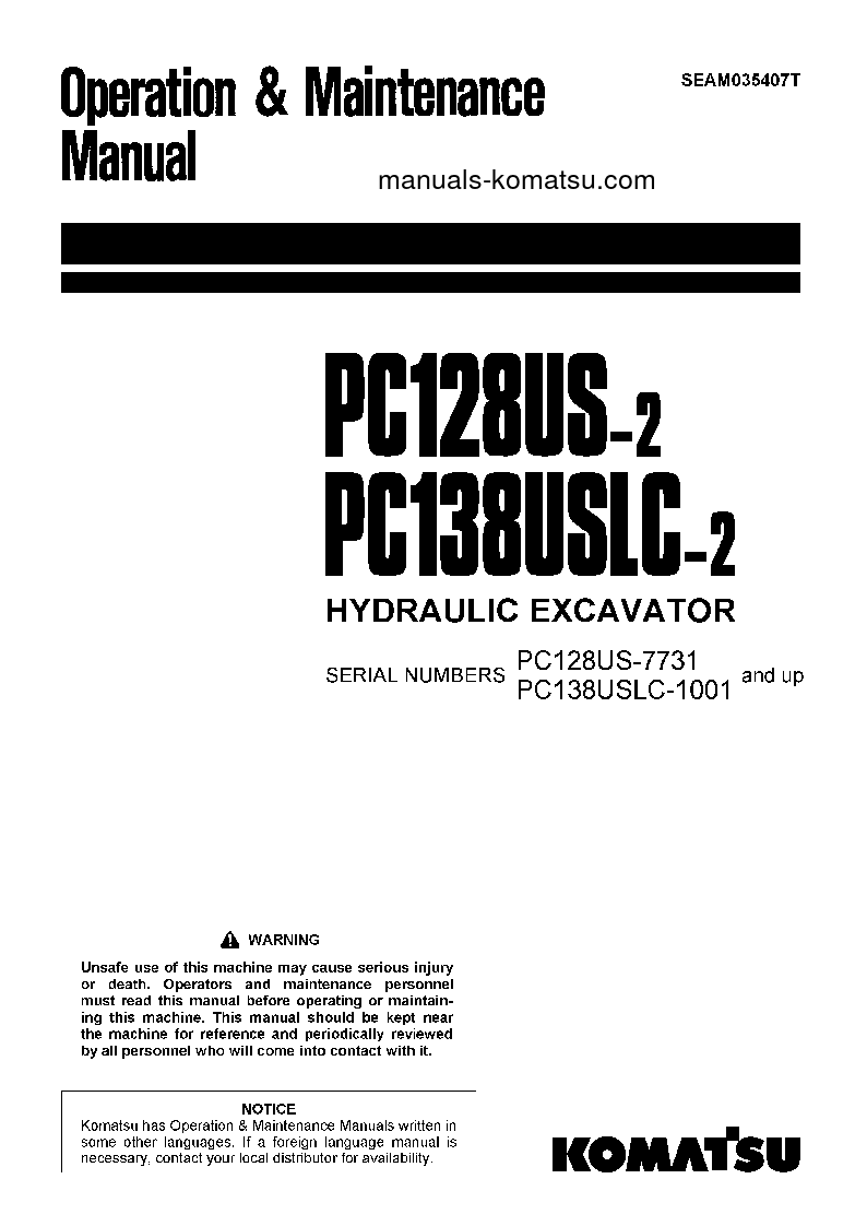 PC138USLC-2(JPN) S/N 1001-1046 Operation manual (English)