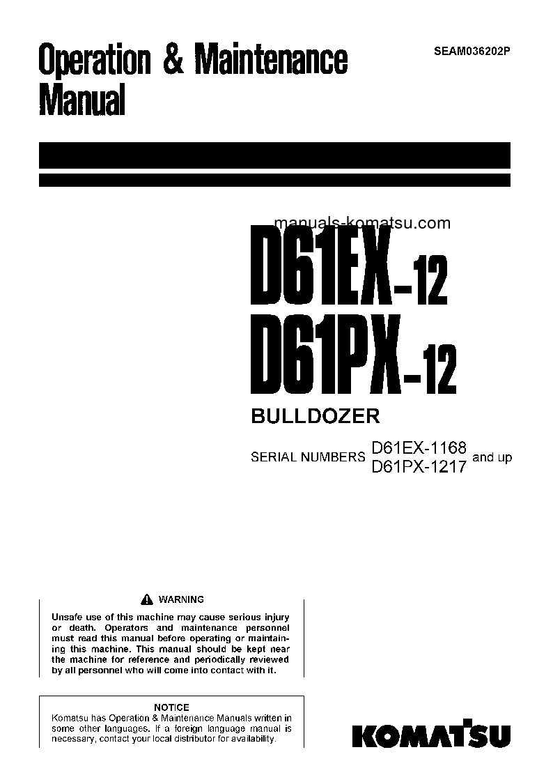D61PX-12(JPN) S/N 1217-UP Operation manual (English)