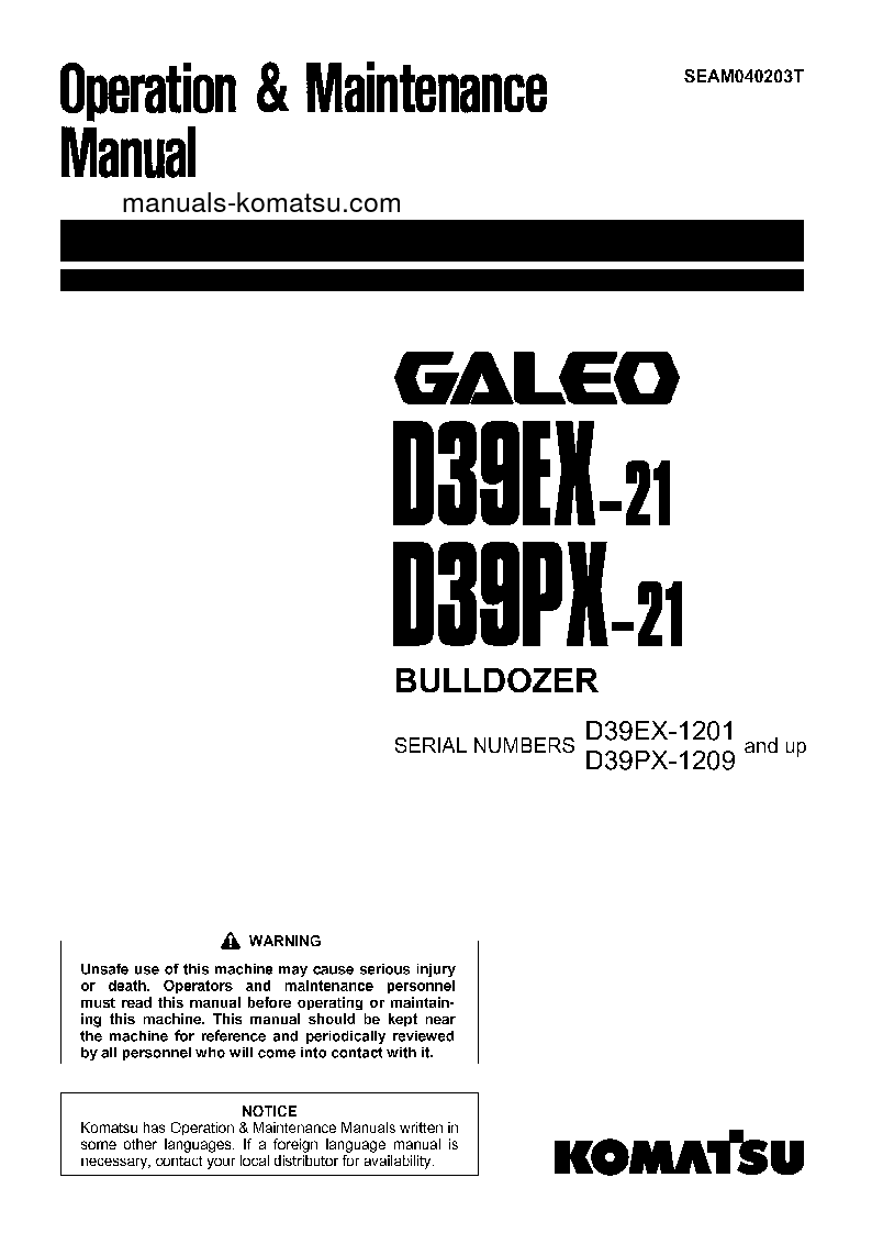 D39PX-21(JPN) S/N 1209-1500 Operation manual (English)