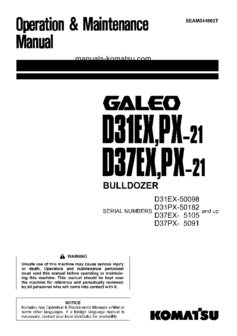 D37PX-21(JPN) S/N 5091-5500 Operation manual (English)