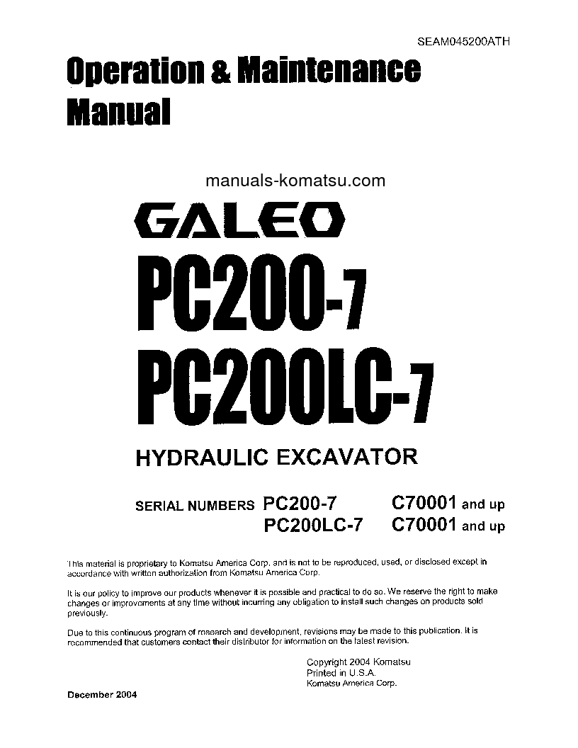 PC200-7(THA) S/N C70001-UP Operation manual (English)