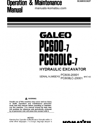 PC600LC-7(JPN) S/N 20001-20104 Operation manual (English)