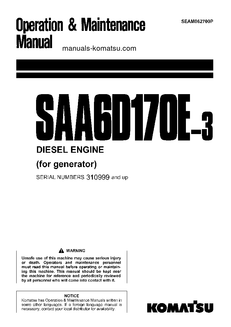 SAA6D170E-3(JPN)-FOR GENERATOR S/N 310999-UP Operation manual (English)