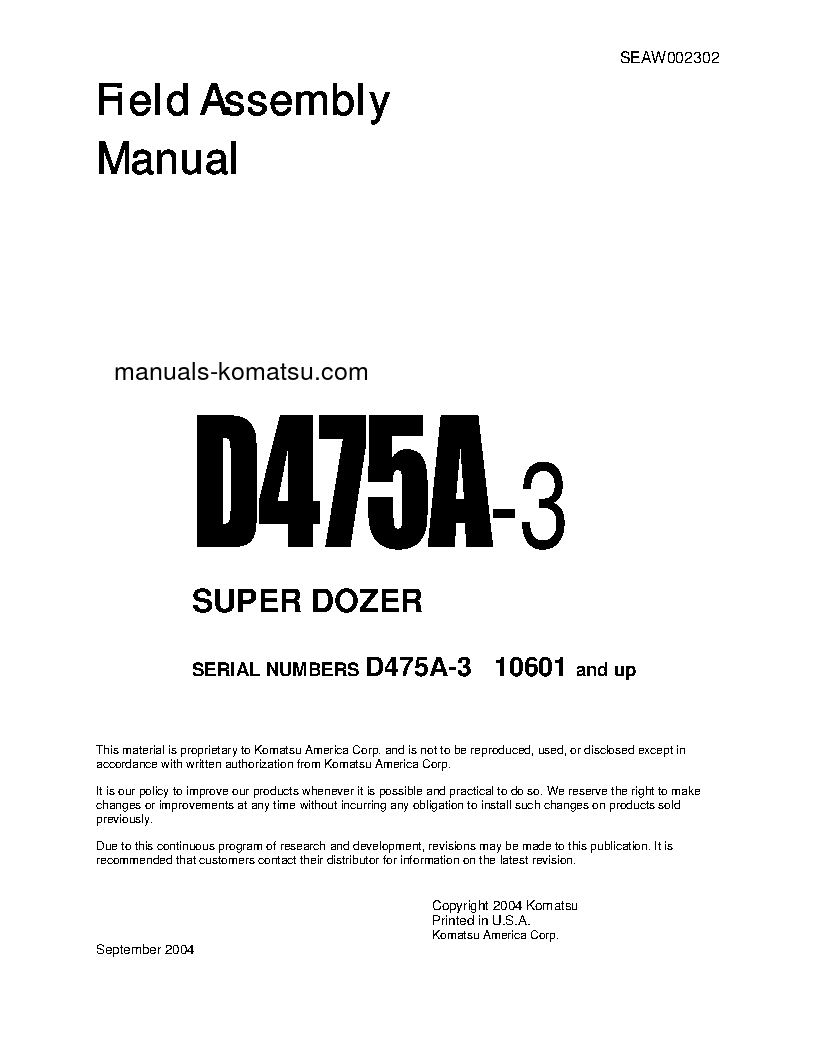 D475A-3(JPN)-SUPER DOZER S/N 10601-UP Field assembly manual (English)