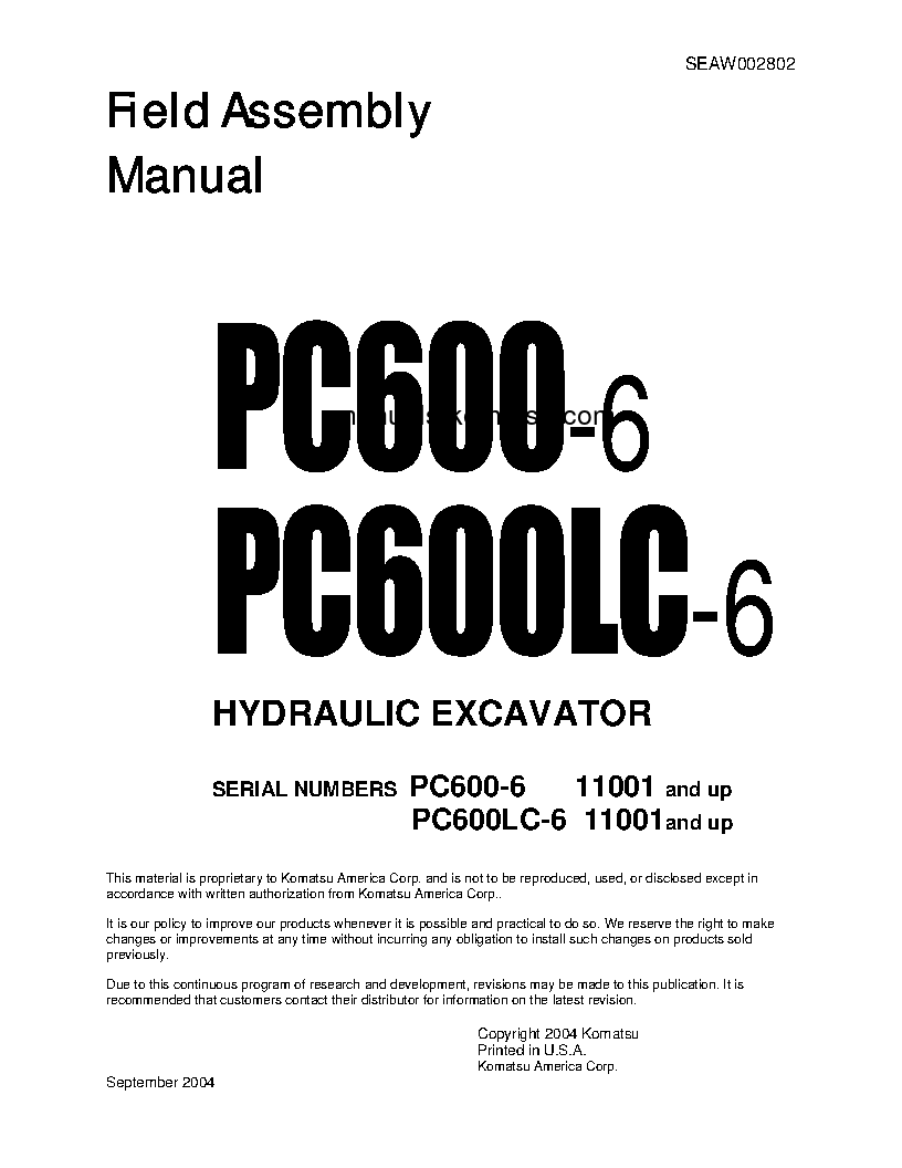 PC600LC-6(JPN) S/N 11001-11106 Field assembly manual (English)