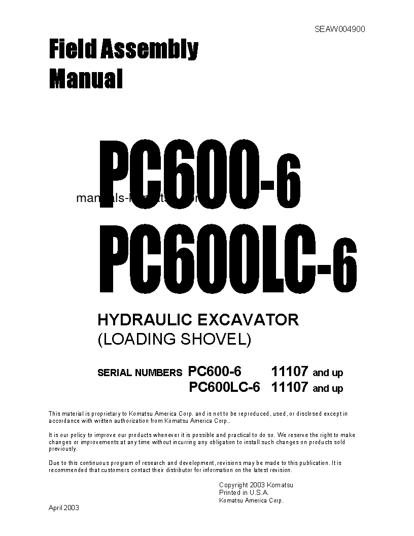 PC600LC-6(JPN) S/N 11107-UP Field assembly manual (English)
