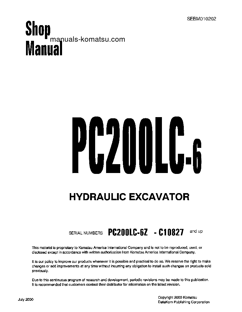 PC200LC-6(THA)-B S/N C10827-C30091 Shop (repair) manual (English)