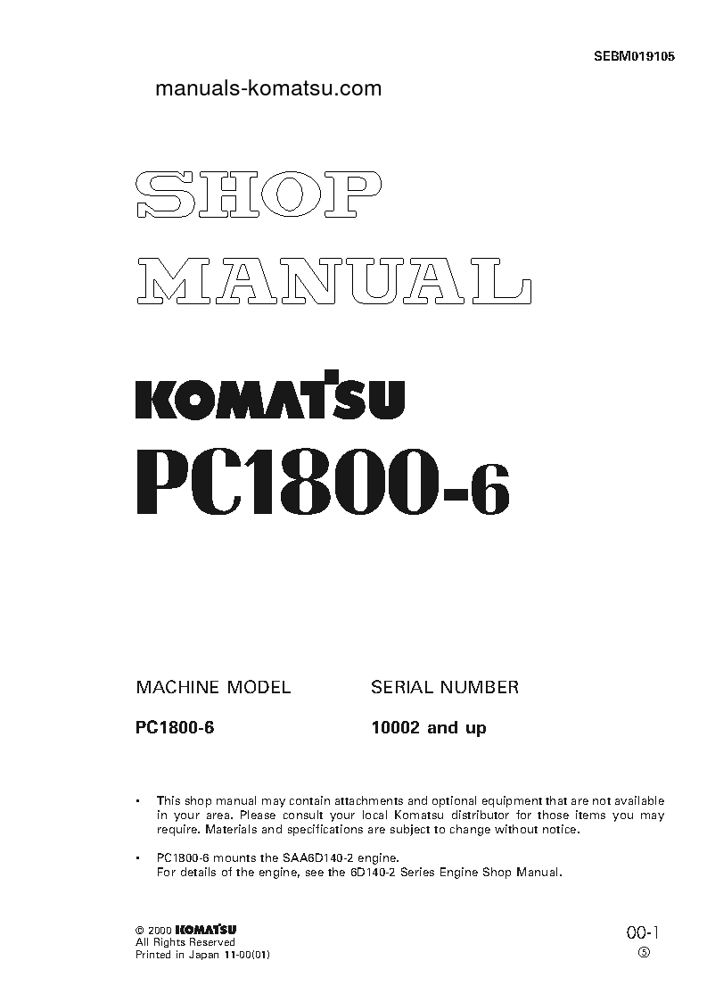 PC1800-6(JPN) S/N 10012-11001 Shop (repair) manual (English)